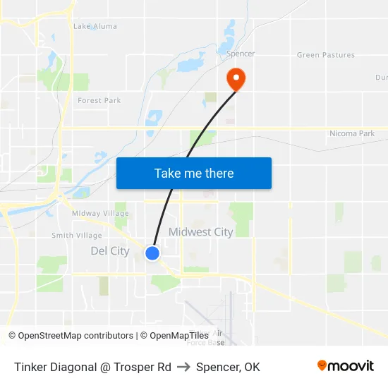 Tinker Diagonal @ Trosper Rd to Spencer, OK map