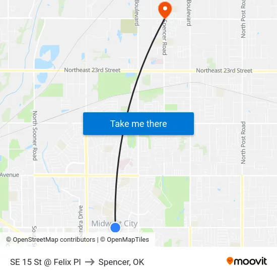 SE 15 St @ Felix Pl to Spencer, OK map