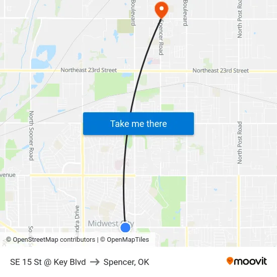SE 15 St @ Key Blvd to Spencer, OK map