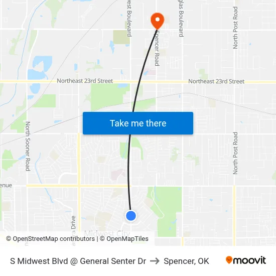 S Midwest Blvd @ General Senter Dr to Spencer, OK map