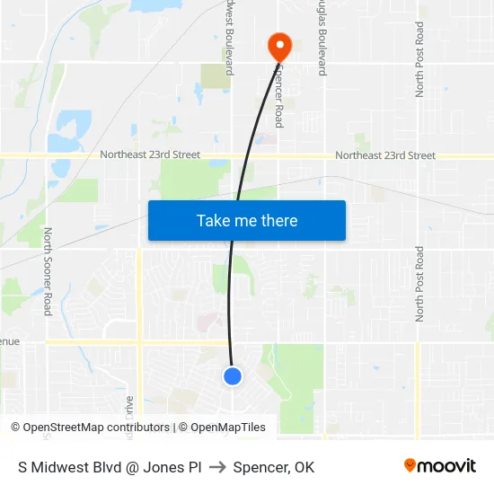 S Midwest Blvd @ Jones Pl to Spencer, OK map
