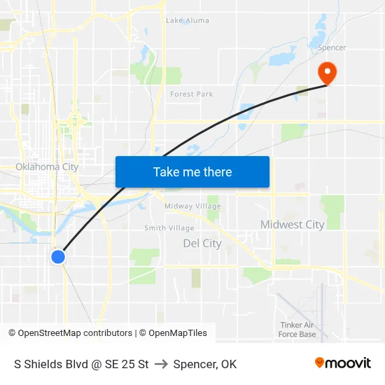 S Shields Blvd @ SE 25 St to Spencer, OK map