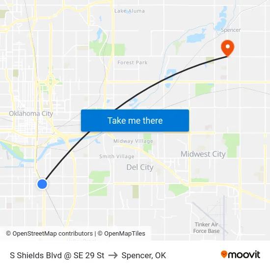 S Shields Blvd @ SE 29 St to Spencer, OK map
