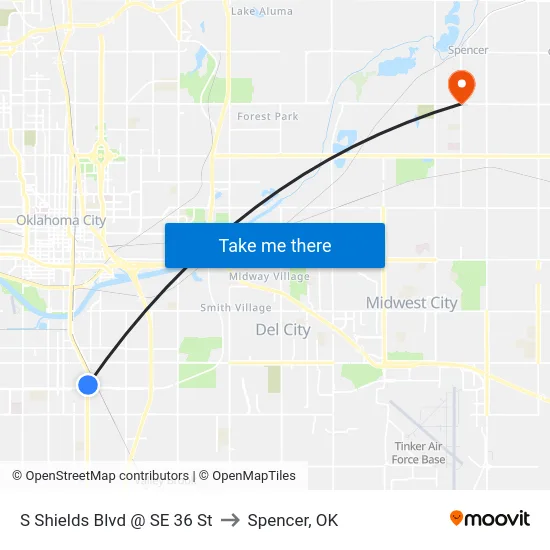 S Shields Blvd @ SE 36 St to Spencer, OK map