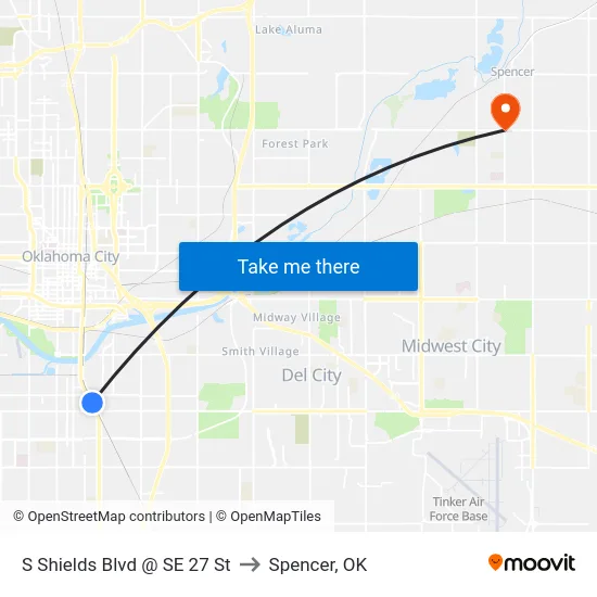 S Shields Blvd @ SE 27 St to Spencer, OK map