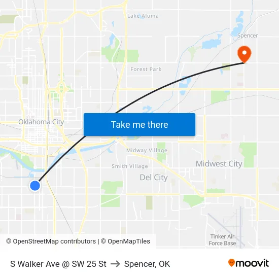 S Walker Ave @ SW 25 St to Spencer, OK map