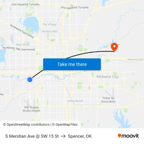 S Meridian Ave @ SW 15 St to Spencer, OK map