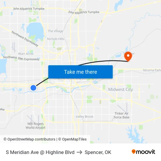 S Meridian Ave @ Highline Blvd to Spencer, OK map