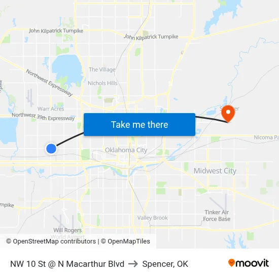 NW 10 St @ N Macarthur Blvd to Spencer, OK map