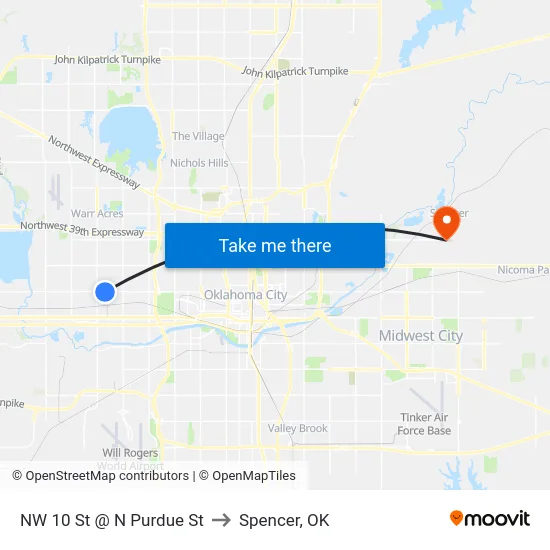 NW 10 St @ N Purdue St to Spencer, OK map