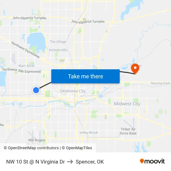 NW 10 St @ N Virginia Dr to Spencer, OK map
