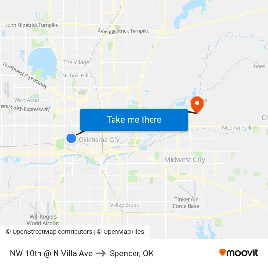 NW 10th @ N Villa Ave to Spencer, OK map