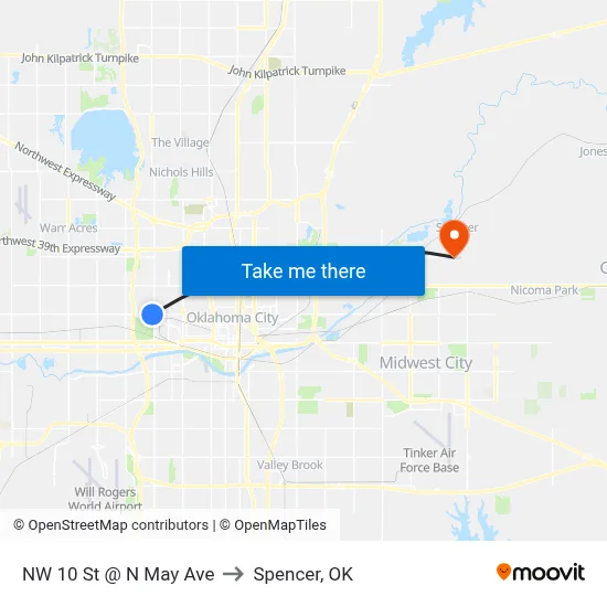 NW 10 St @ N May Ave to Spencer, OK map