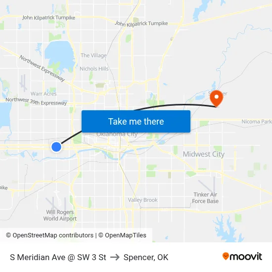 S Meridian Ave @ SW 3 St to Spencer, OK map