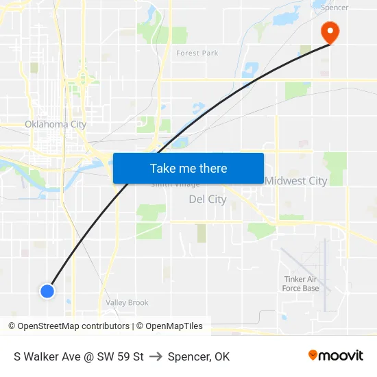 S Walker Ave @ SW 59 St to Spencer, OK map