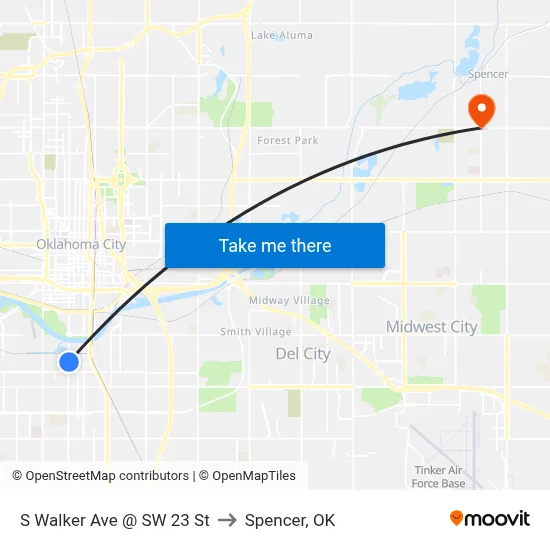 S Walker Ave @ SW 23 St to Spencer, OK map