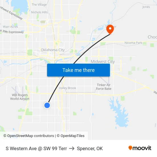 S Western Ave @ SW 99 Terr to Spencer, OK map