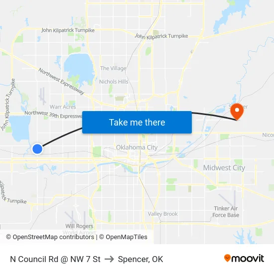 N Council Rd @ NW 7 St to Spencer, OK map