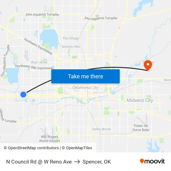 N Council Rd @ W Reno Ave to Spencer, OK map