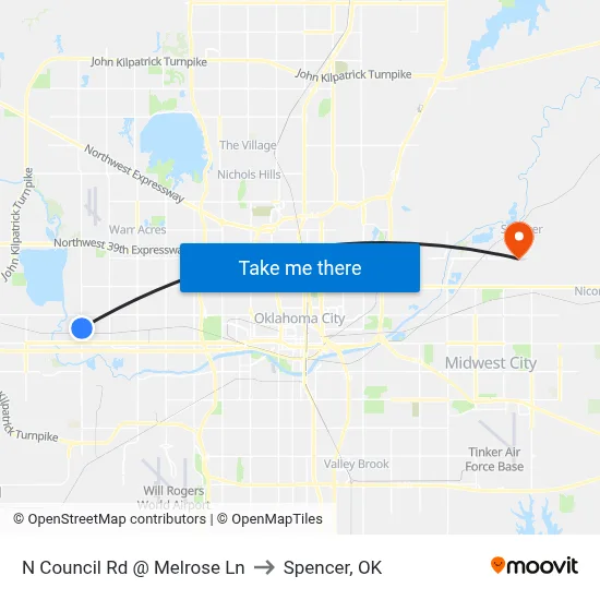 N Council Rd @ Melrose Ln to Spencer, OK map