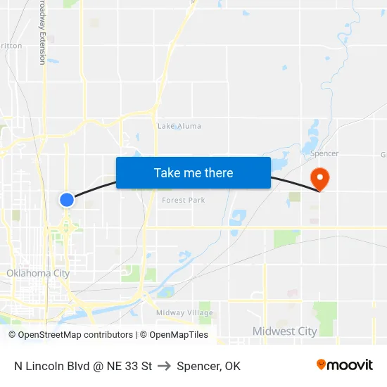 N Lincoln Blvd @ NE 33 St to Spencer, OK map