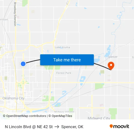 N Lincoln Blvd @ NE 42 St to Spencer, OK map