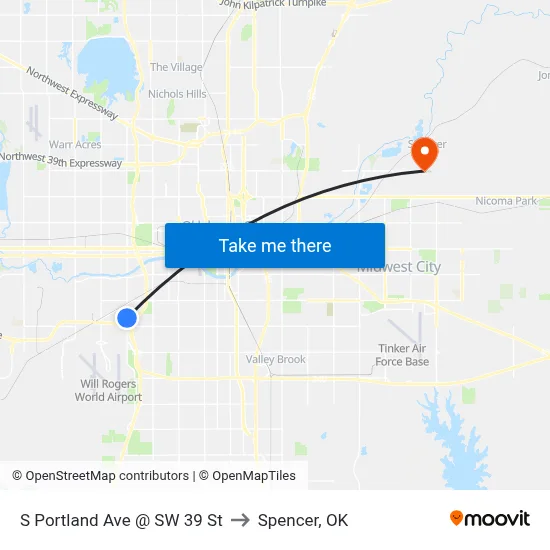 S Portland Ave @ SW 39 St to Spencer, OK map