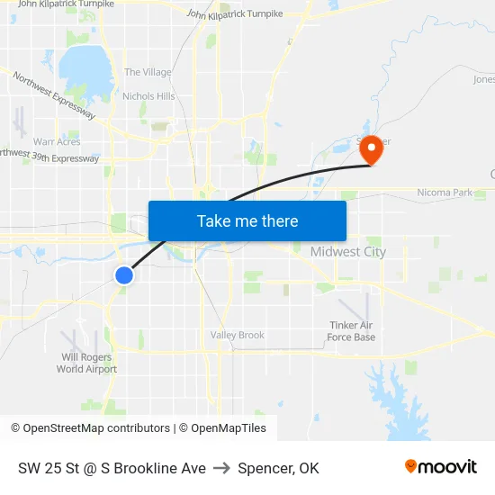 SW 25 St @ S Brookline Ave to Spencer, OK map