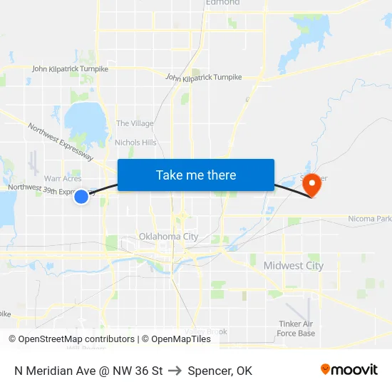 N Meridian Ave @ NW 36 St to Spencer, OK map