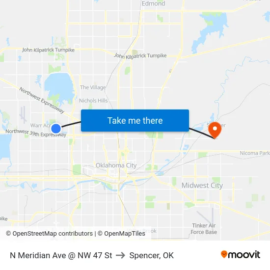 N Meridian Ave @ NW 47 St to Spencer, OK map
