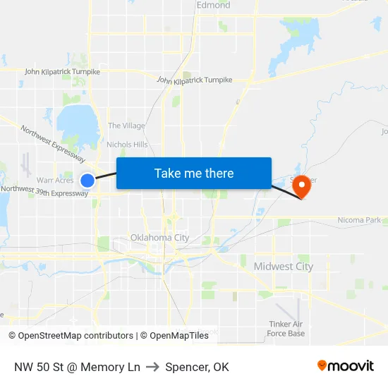 NW 50 St @ Memory Ln to Spencer, OK map