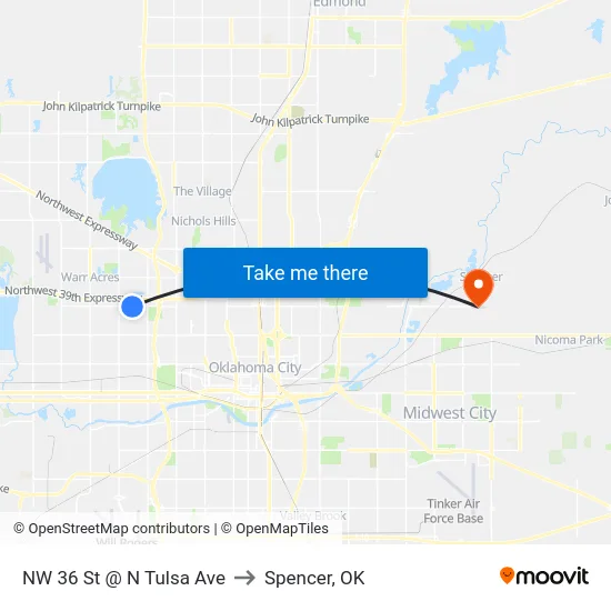 NW 36 St @ N Tulsa Ave to Spencer, OK map
