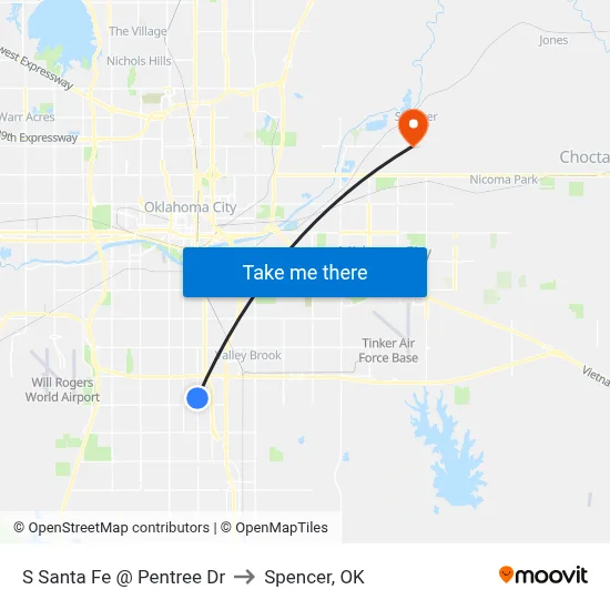 S Santa Fe @ Pentree Dr to Spencer, OK map