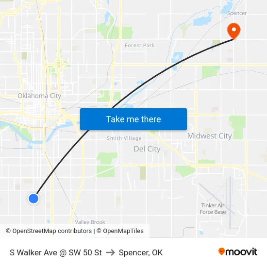 S Walker Ave @ SW 50 St to Spencer, OK map