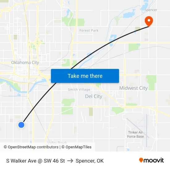 S Walker Ave @ SW 46 St to Spencer, OK map