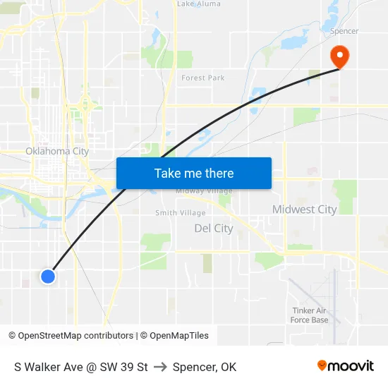 S Walker Ave @ SW 39 St to Spencer, OK map