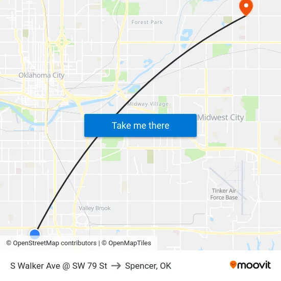 S Walker Ave @ SW 79 St to Spencer, OK map