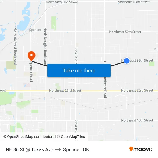 NE 36 St @ Texas Ave to Spencer, OK map