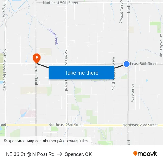 NE 36 St @ N Post Rd to Spencer, OK map
