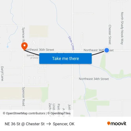 NE 36 St @ Chester St to Spencer, OK map