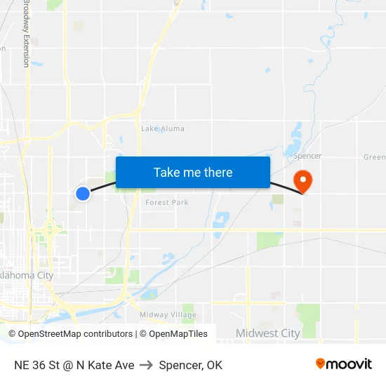NE 36 St @ N Kate Ave to Spencer, OK map
