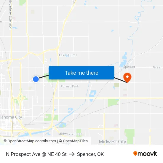 N Prospect Ave @ NE 40 St to Spencer, OK map