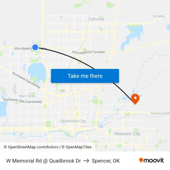 W Memorial Rd @ Quailbrook Dr to Spencer, OK map