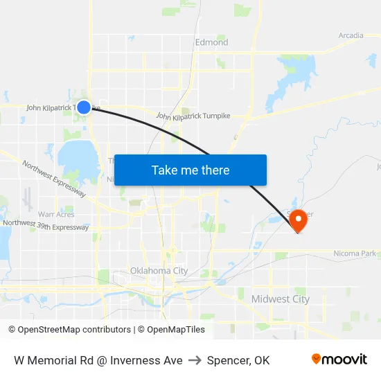 W Memorial Rd @ Inverness Ave to Spencer, OK map