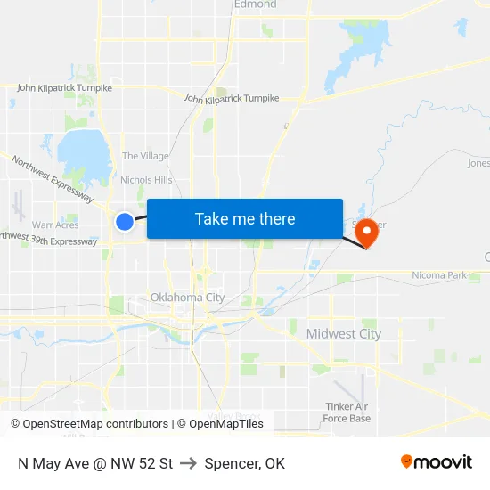 N May Ave @ NW 52 St to Spencer, OK map