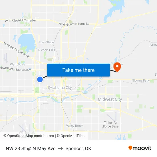 NW 23 St @ N May Ave to Spencer, OK map