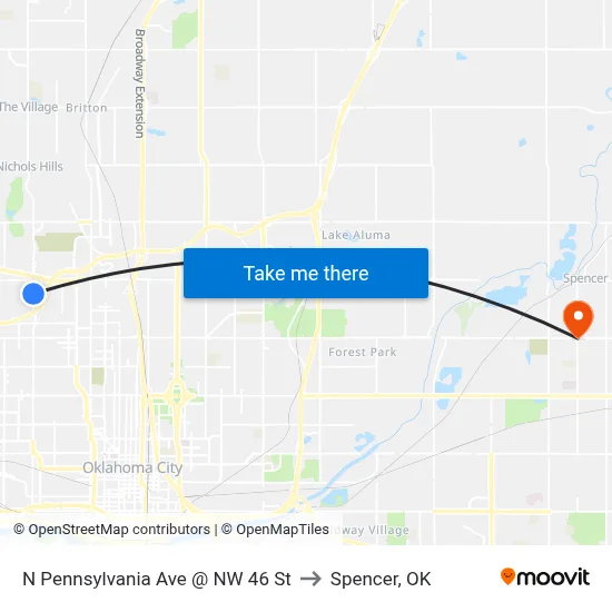 N Pennsylvania Ave @ NW 46 St to Spencer, OK map