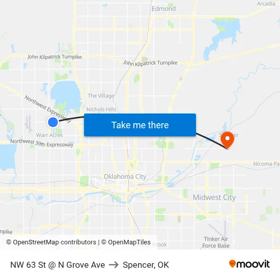NW 63 St @ N Grove Ave to Spencer, OK map