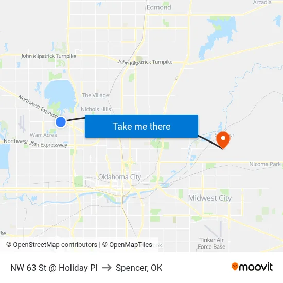 NW 63 St @ Holiday Pl to Spencer, OK map