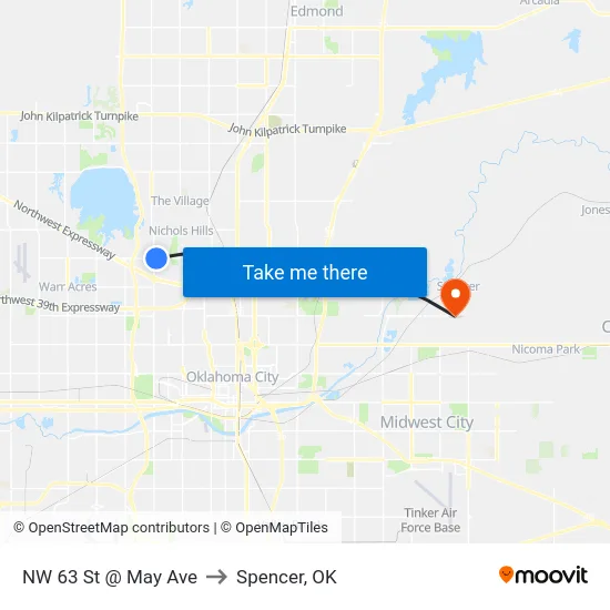 NW 63 St @ May Ave to Spencer, OK map